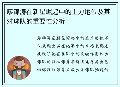 廖锦涛在新星崛起中的主力地位及其对球队的重要性分析